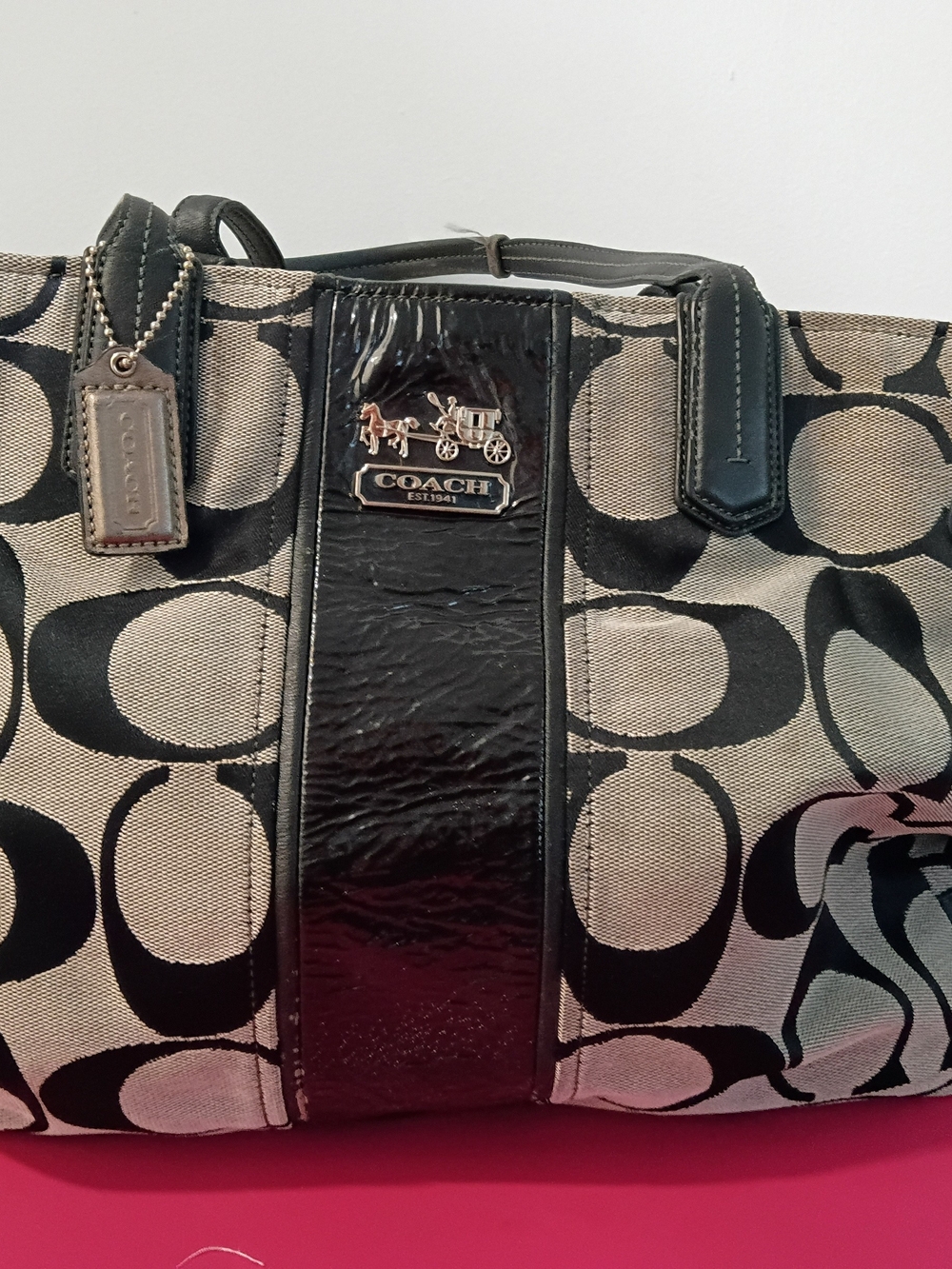 Coach Vintage Black & Grey Signature C Canvas Gallery Drawstring Tote Bag